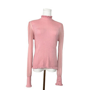 Almost Famous Pink Ruffled Mock Neck Sheer Sleeve Ribbed Pointelle Sweater XL